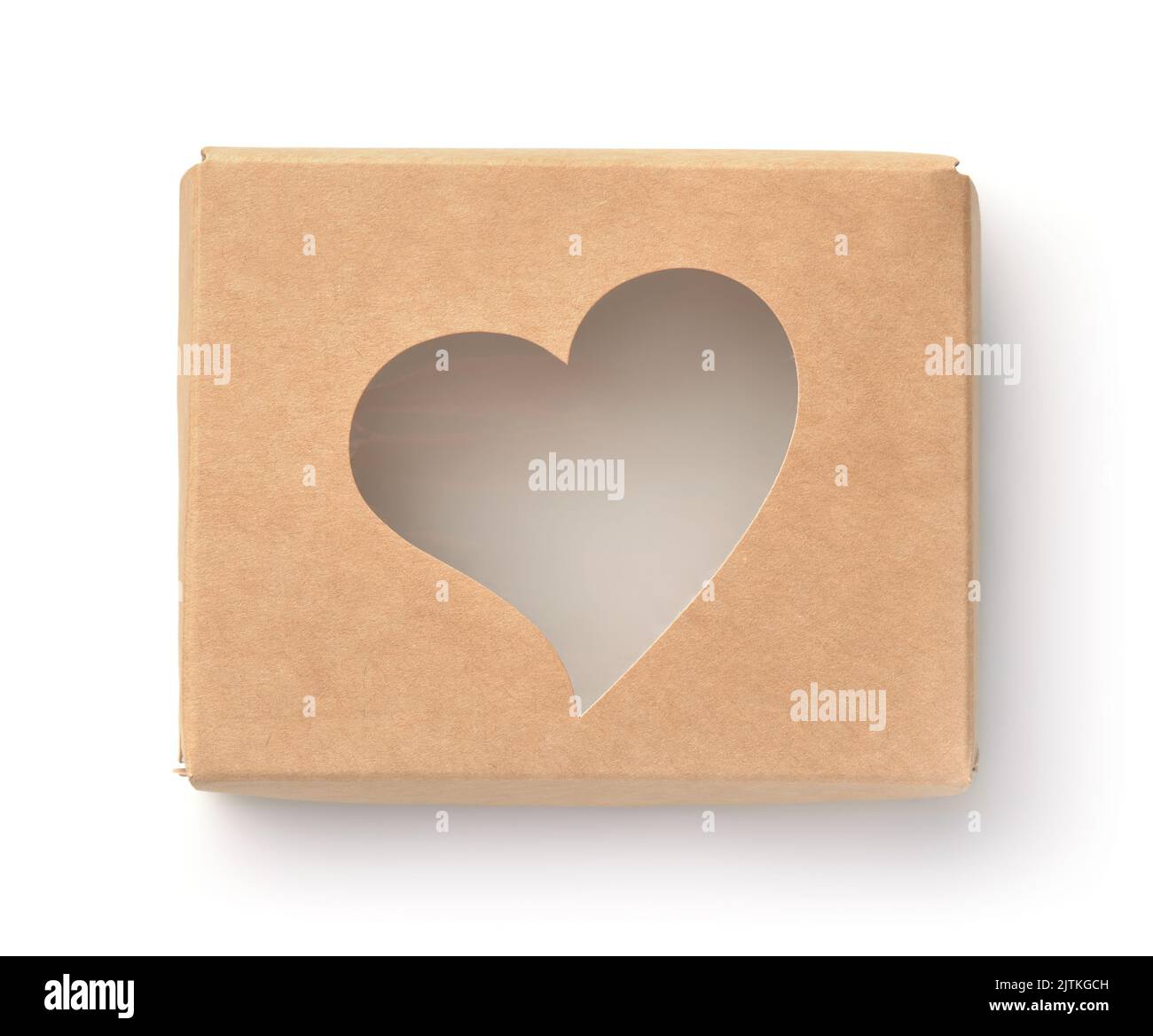 Top view of brown paper box with heart shape window isolated on white Stock Photo
