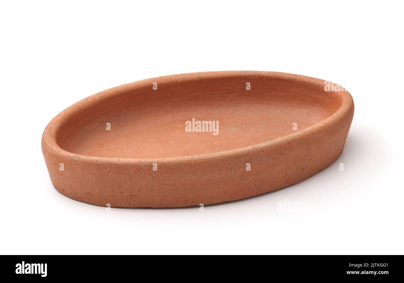 Empty oval clay baking pan isolated on white Stock Photo Alamy