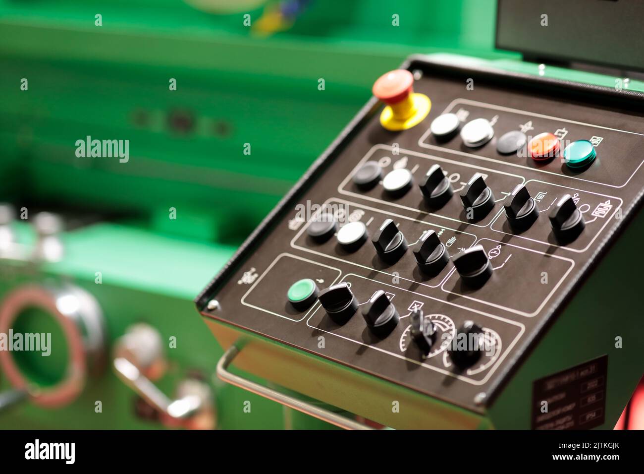 Control panel of surface grinding machine closeup. Selective focus ...