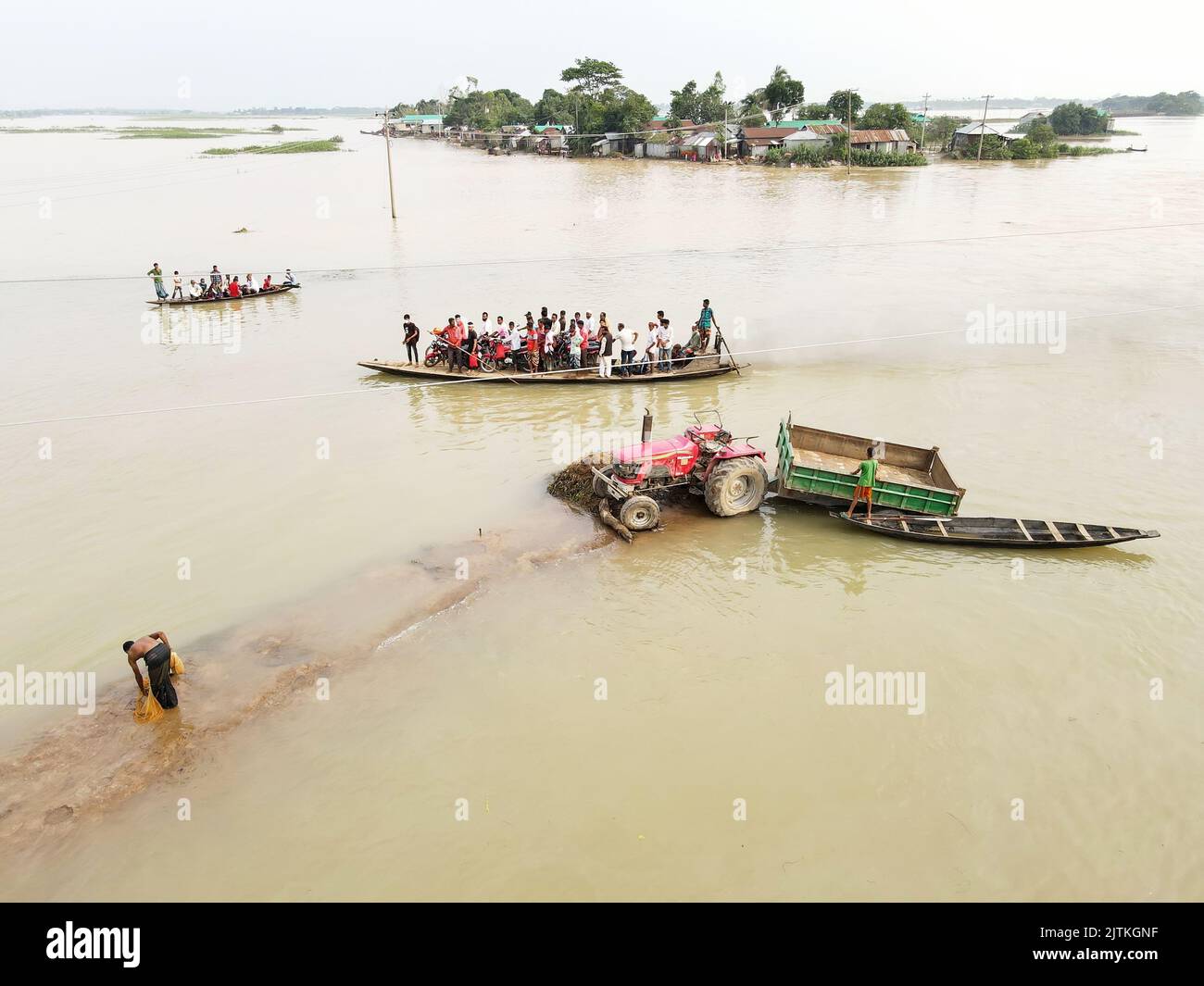 A damaged submerged area is seen after flash floods in Sunamganj