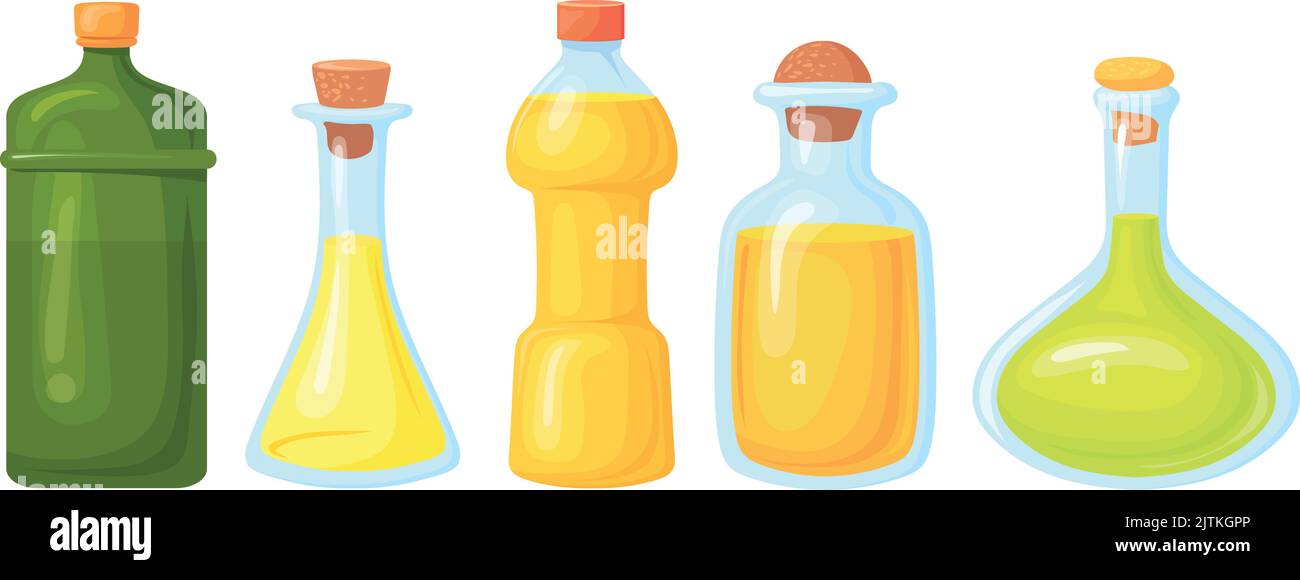 Oil bottles icon. Different salad dressing glass containers isolated on
