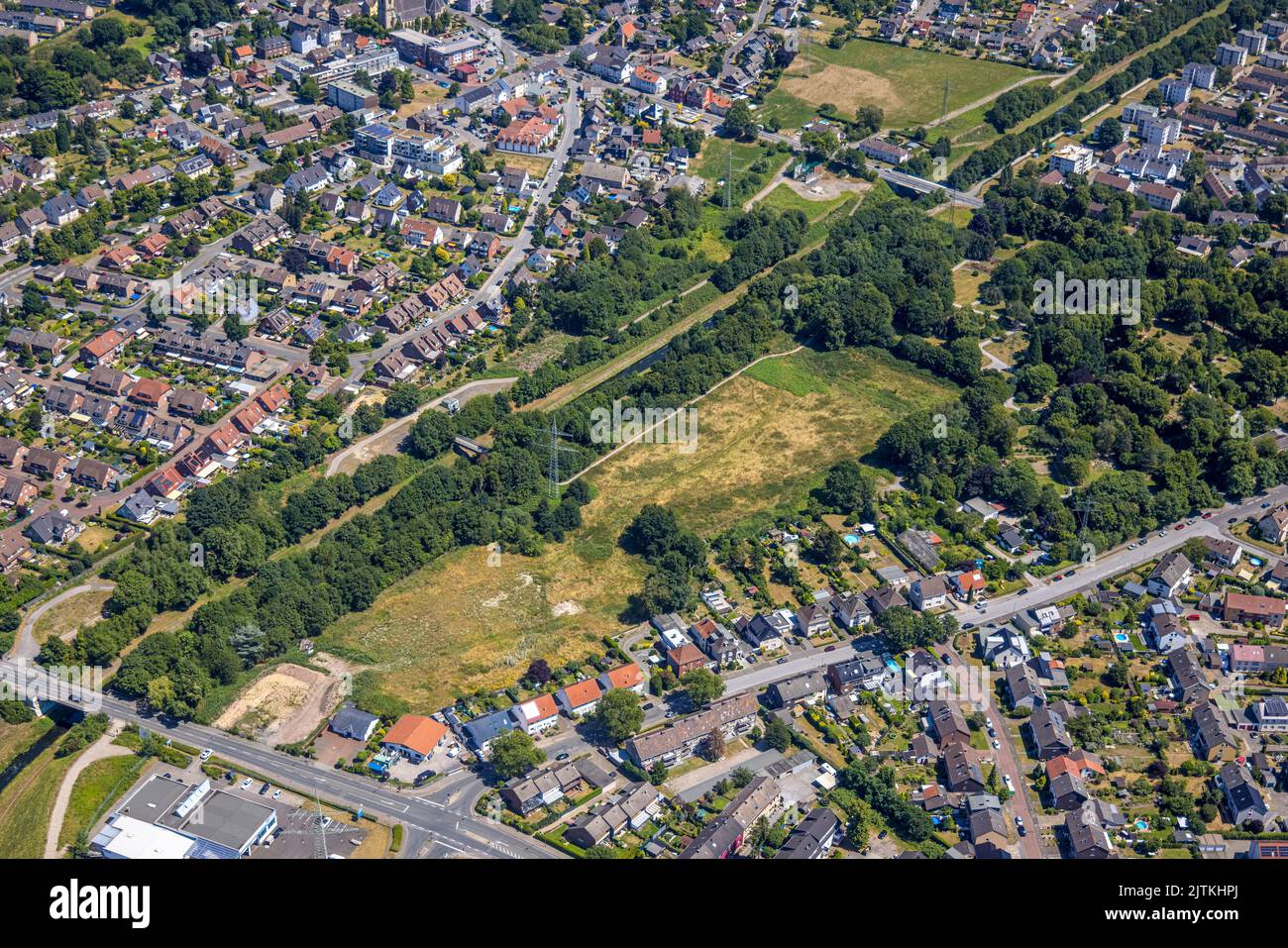 Aerial view, Planned building area Am Emscherufer, Alte Eiche, Heerstraße, Habinghorst, Castrop-Rauxel, Ruhr area, North Rhine-Westphalia, Germany, Bu Stock Photo