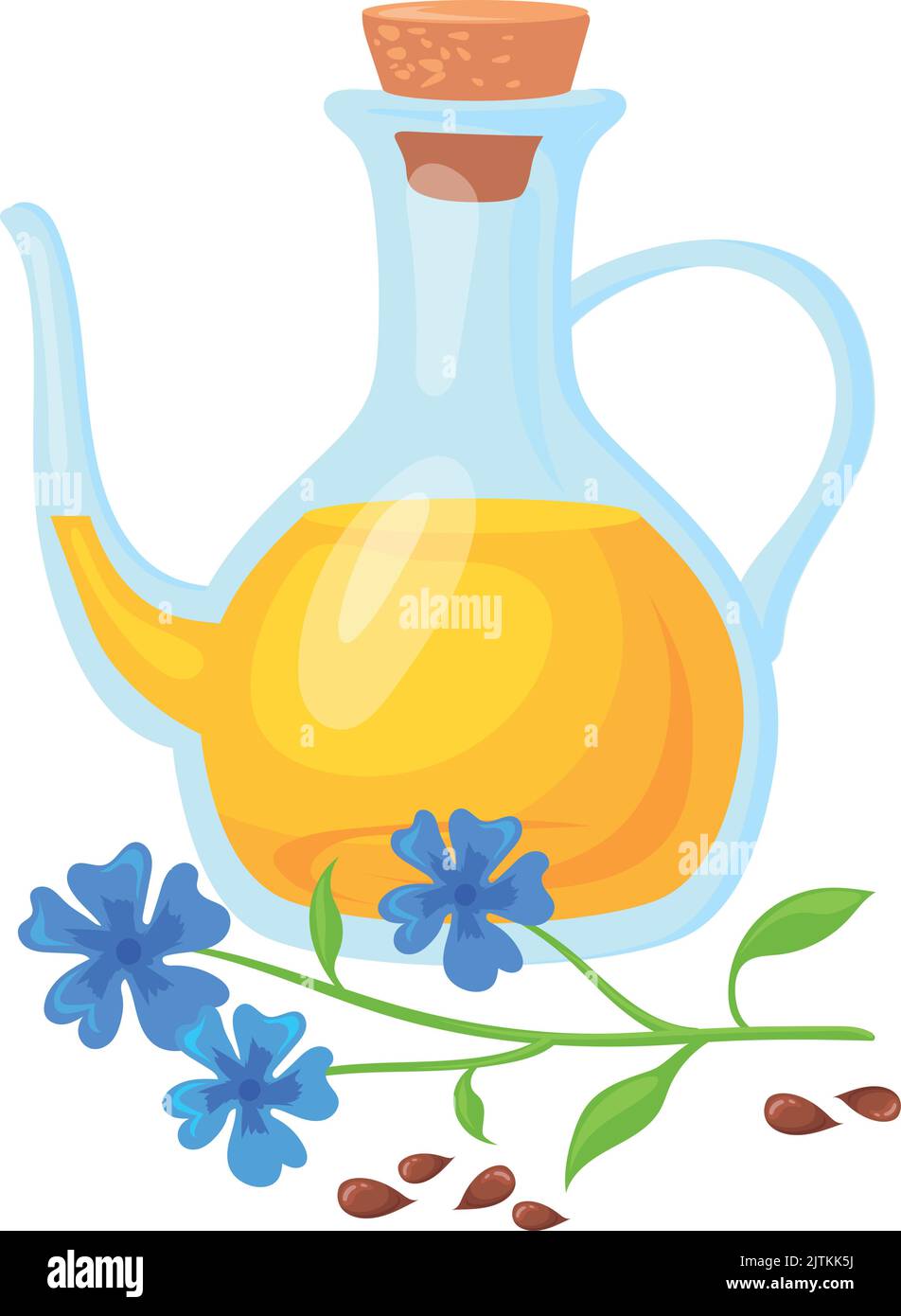 Flax oil jug with flowers and seed. Natural cooking ingridient isolated