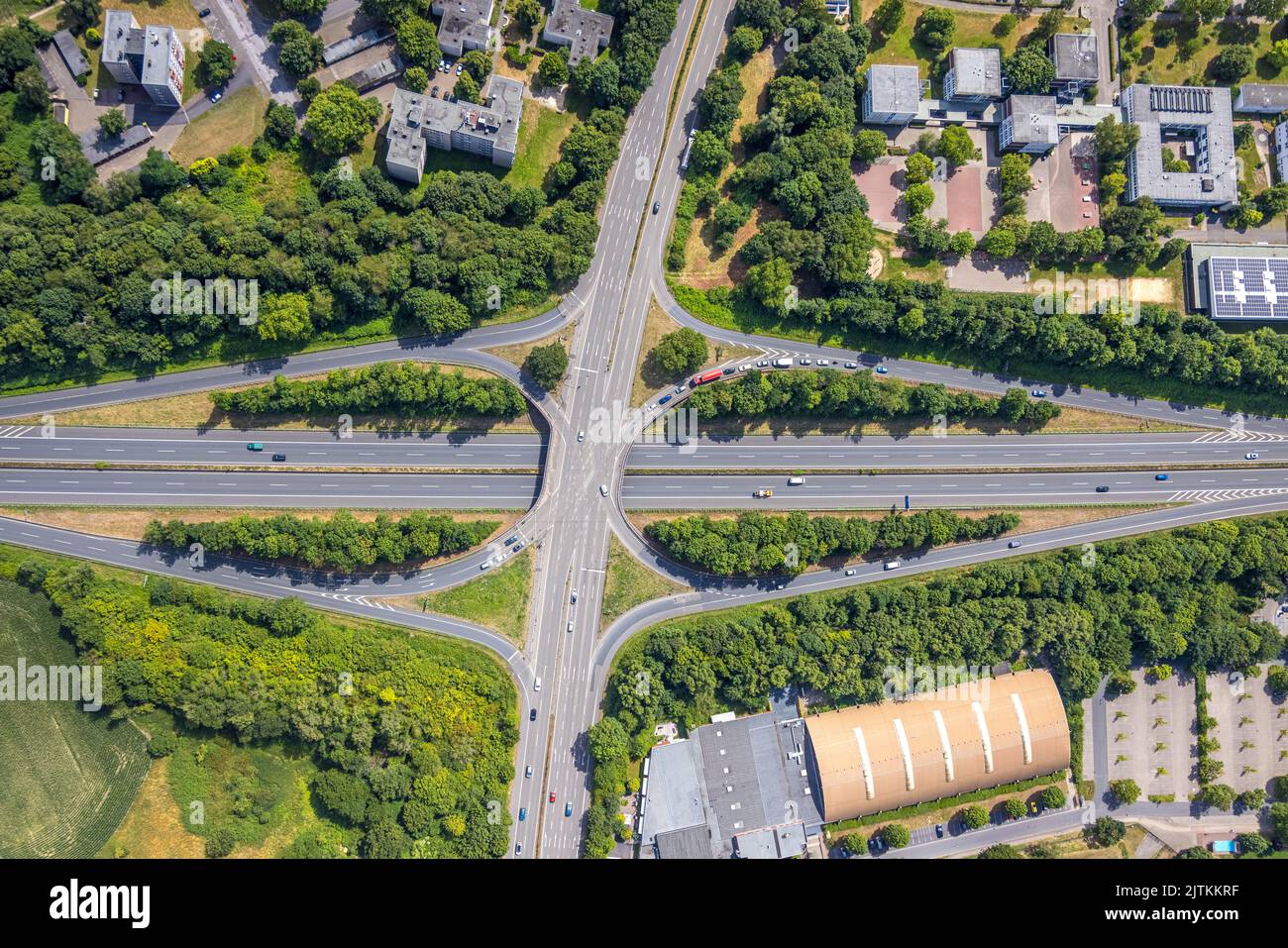 Aerial view, freeway A42 and federal road B235, junction Castrop-Rauxel, Rauxel, Castrop-Rauxel, Ruhr area, North Rhine-Westphalia, Germany, Exit, Hig Stock Photo