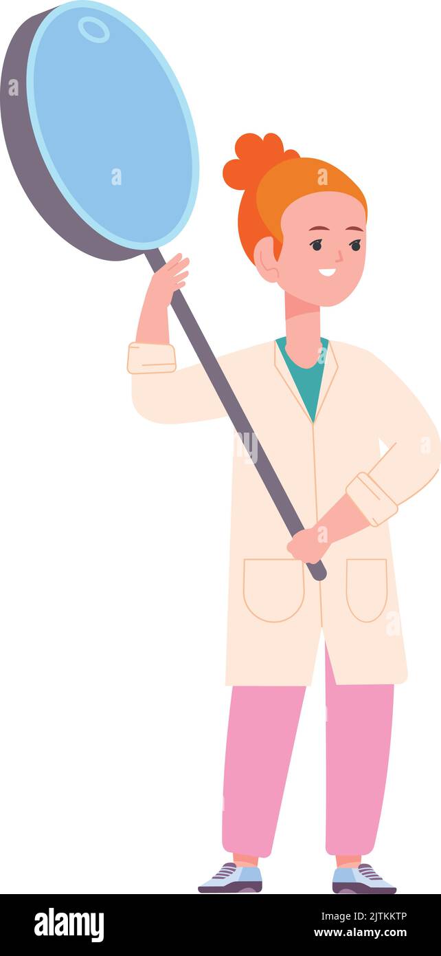 Kid scientist with giant magnifying glass. Girl research isolated on white background Stock