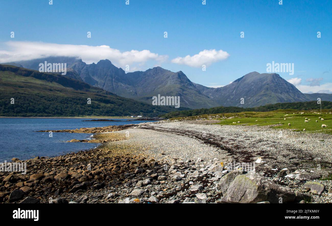Costal view of loch Slapin at Scotland Isle of Skye in a sunny day with mountains at background. Stock Photo
