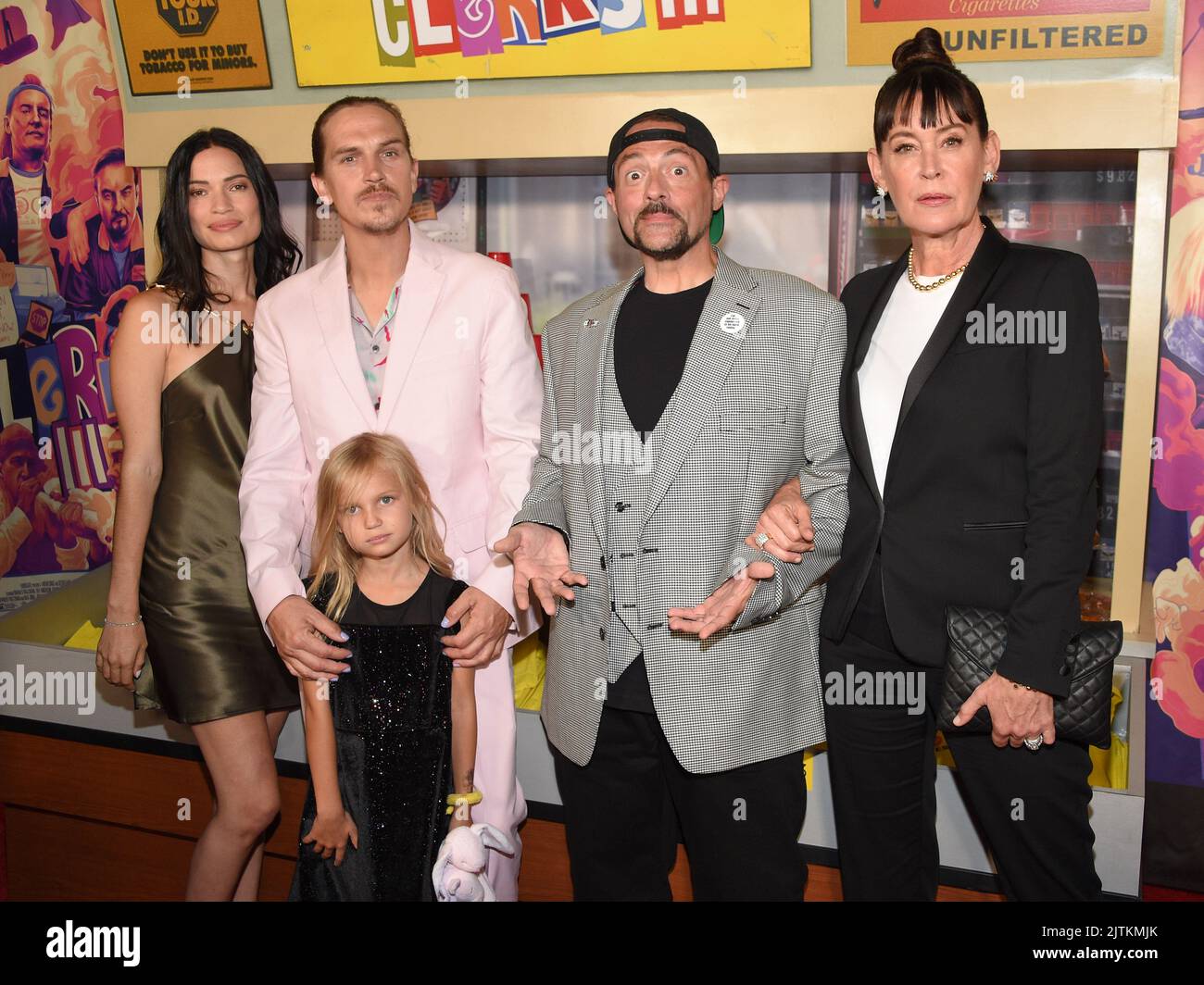 Jordan Monsanto, Logan Mewes, Jason Mewes, Kevin Smith and Jennifer Schwalbach Smith arriving to the ‘Clerks III’ Los Angeles Premiere at TCL Chinese 6 Theatre on August 24, 2022 in Hollywood, CA. © OConnor/AFF-USA.com Stock Photo