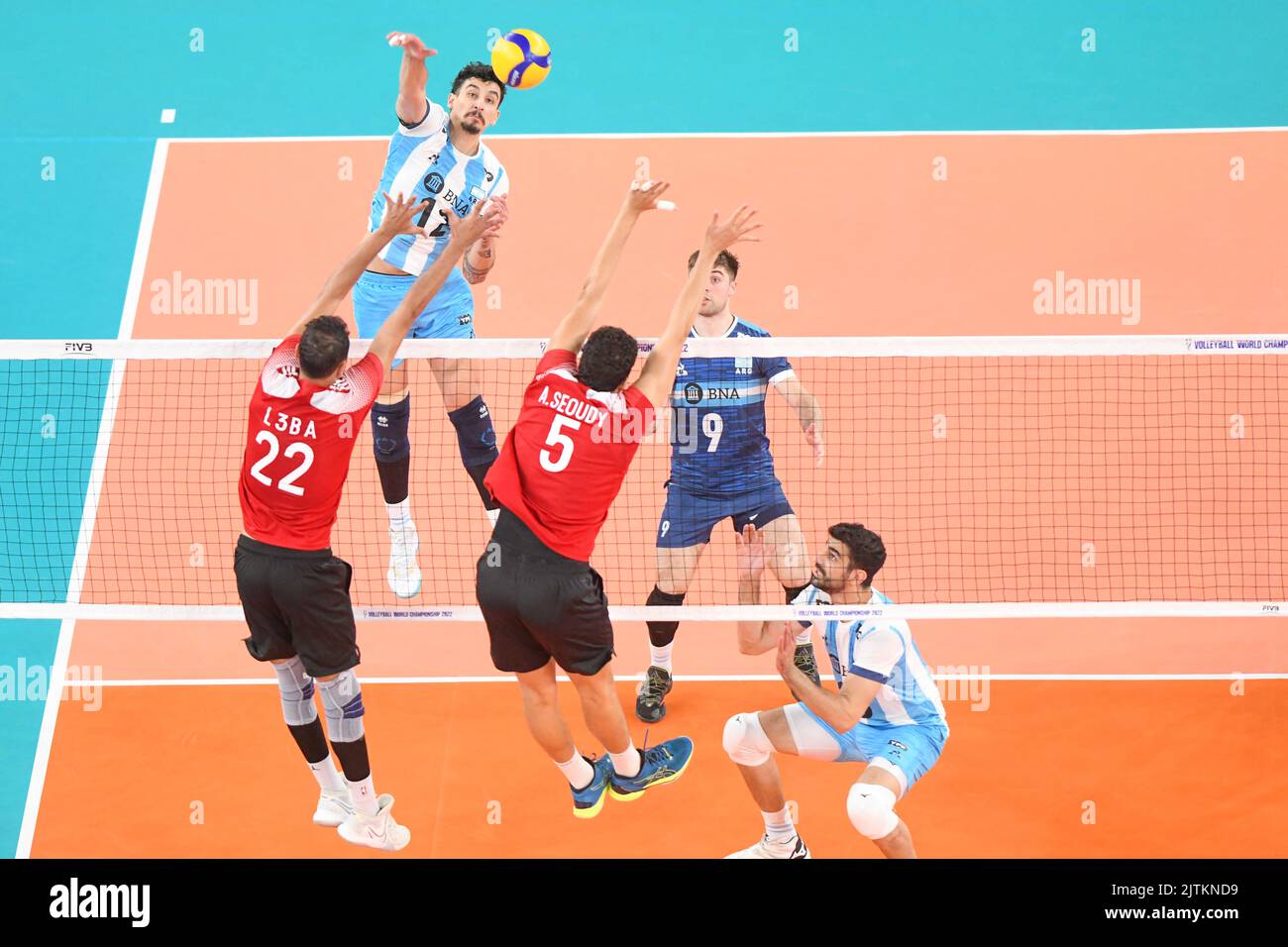 Bruno Lima (Argentina), Mohamed Issa, Abdelrahman Seoudy (Egypt). Volleyball World Championship 2022. Stock Photo