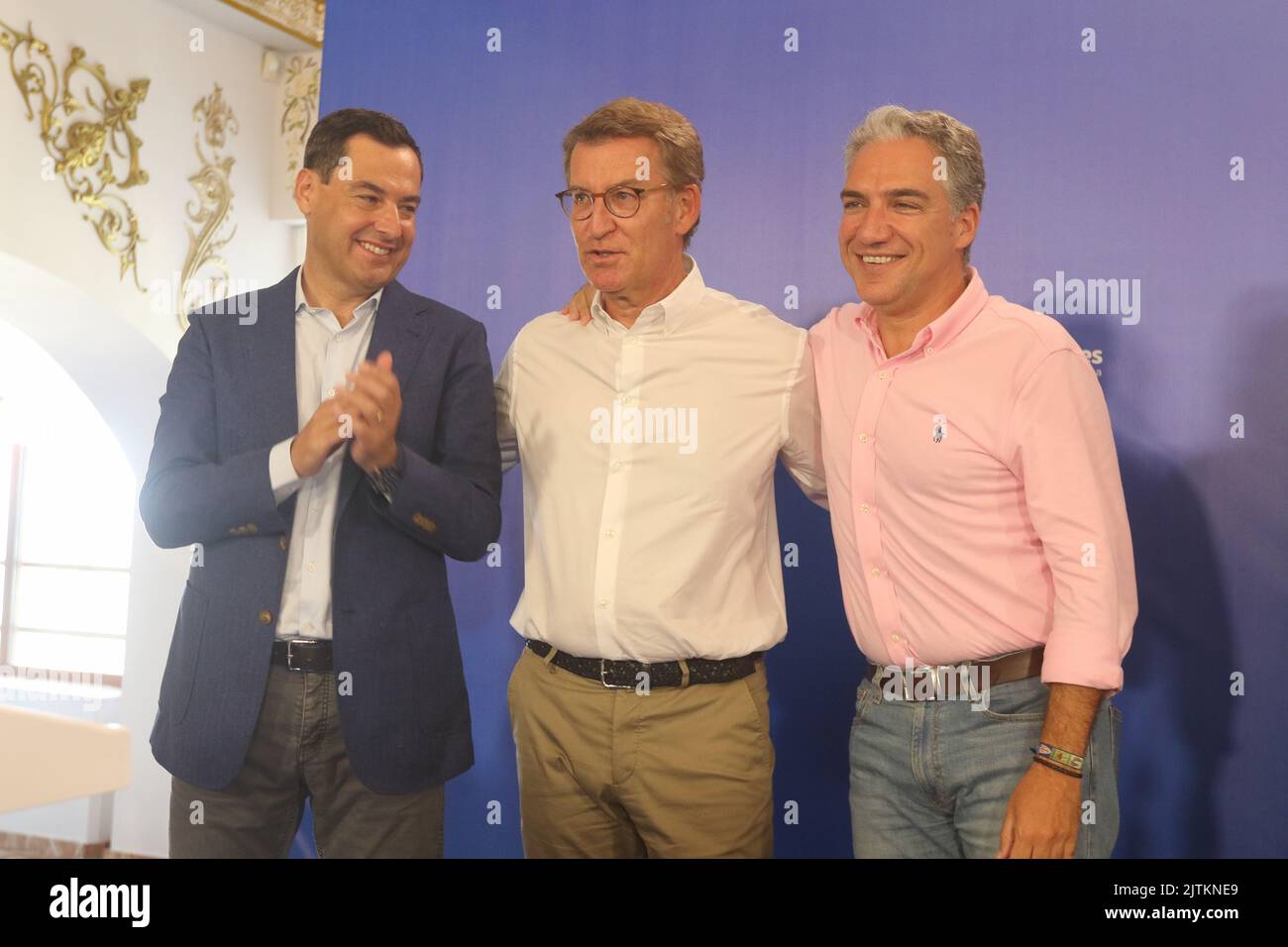 August 31, 2022: August 31, 2022 (Alhaurin el Grande) the national president of the PP, Alberto NÃºÃ±ez FeijÃ³o; the Andalusian president, Juanma Moreno; and the president of the PP of Malaga, ElÃ-as Bendodo, close the Provincial Board of Directors of the PP of MÃ¡laga in the Restaurante el Mirador. (Credit Image: © Lorenzo Carnero/ZUMA Press Wire) Stock Photo