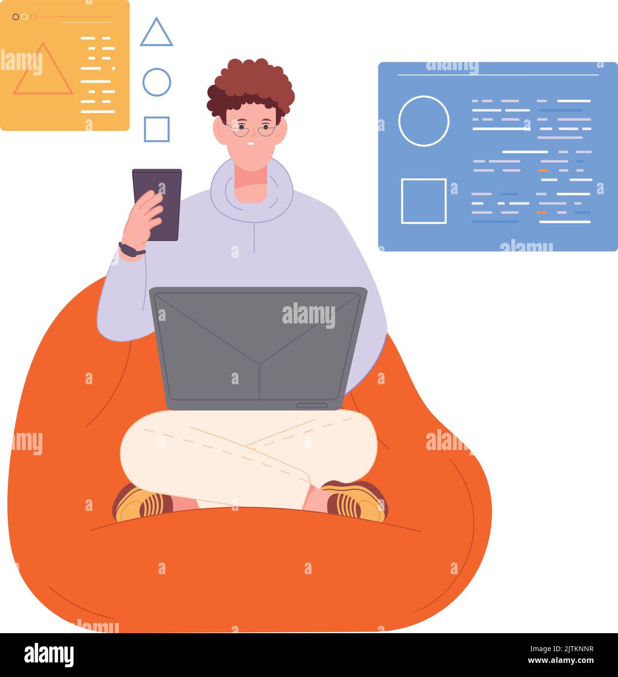 Web developer working on laptor from home. Freelancer character ...