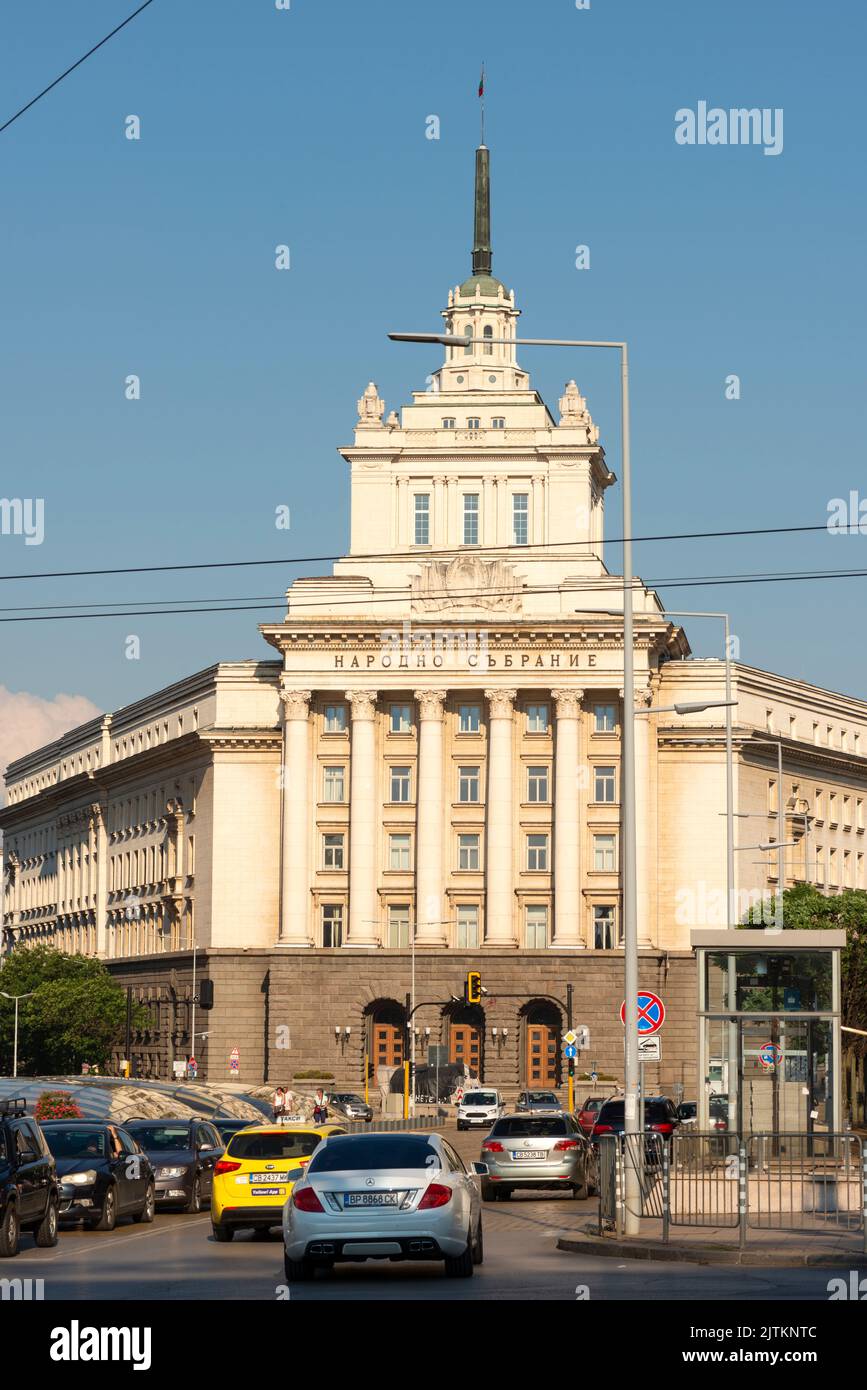 Sofia Bulgaria car traffic at the National Assembly or former Communist Party House and the Council of Ministers, Eastern Europe, Balkans, EU Stock Photo