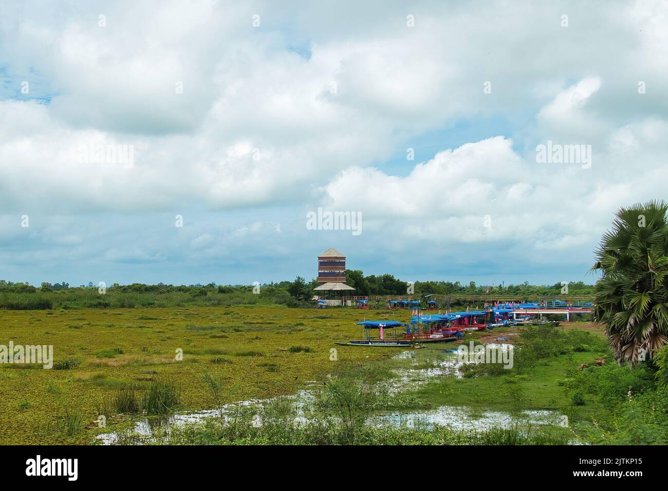 Small, colourful tour boats and a lookout tower in Ban Diam, on the shore of the Red Lotus Lake (Nong Han Kumphawap), province of Udon Thani, Thailand Stock Photo
