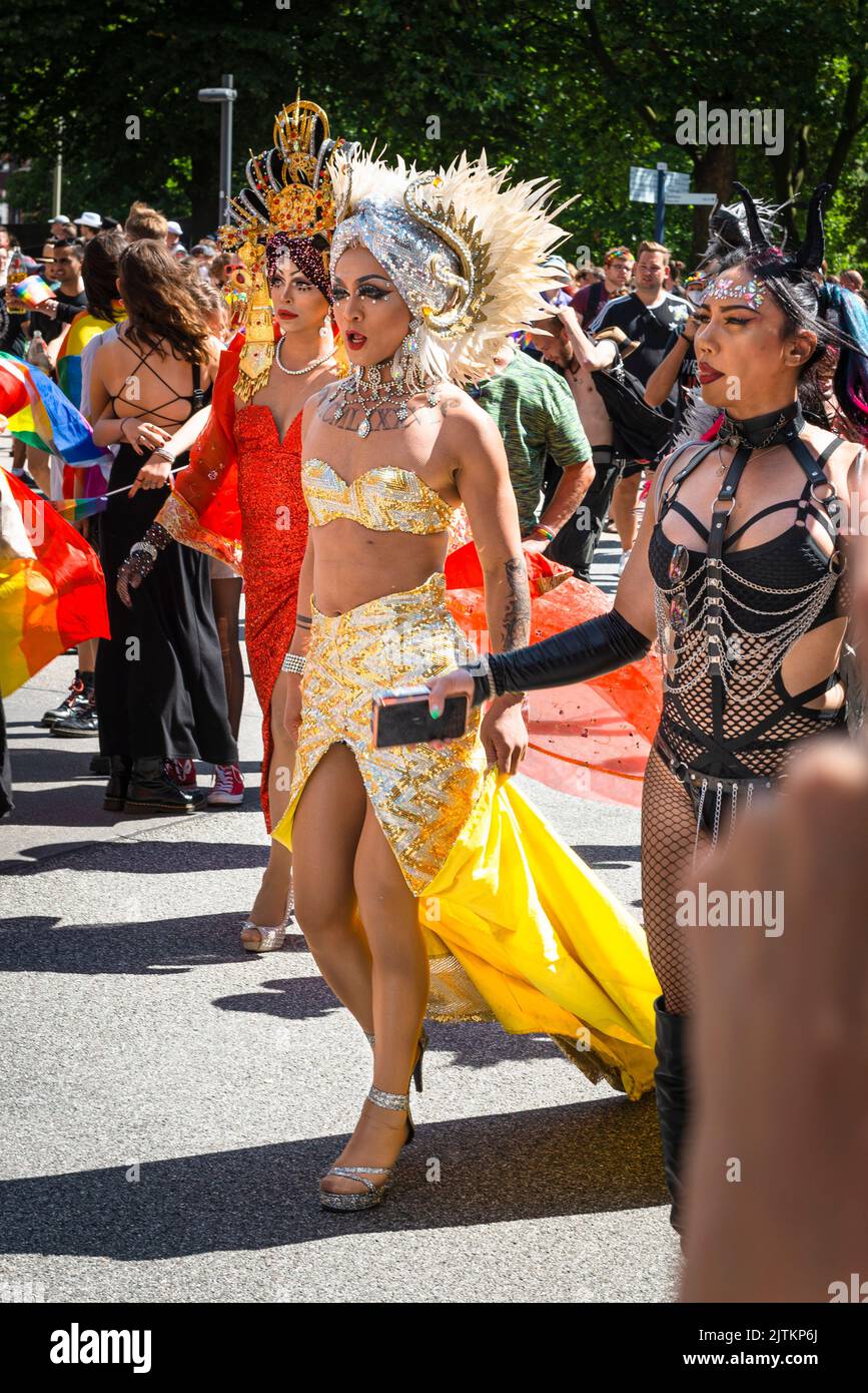 Colourful and fanciful dressed participants of the Christopher Street Day CSD parade in Hamburg, Germany Stock Photo