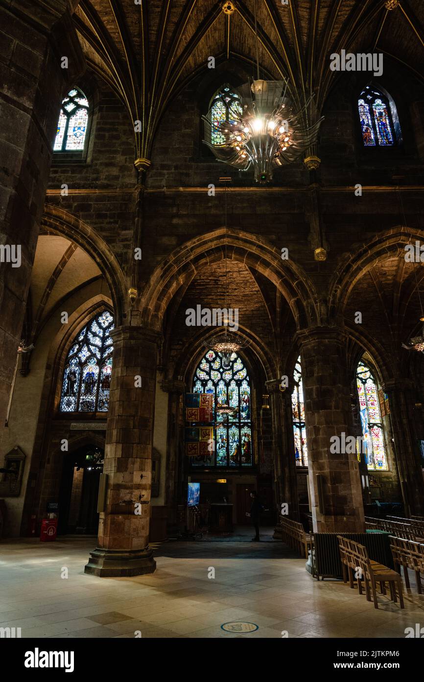Interior view of Saint Giles Cathedral with stained glass windows Stock