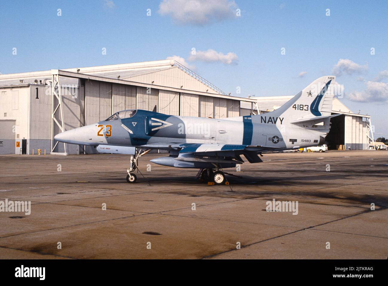 United States Navy Douglas A-4 Skyhawk from VF-126, Pacific Fleet Adversary Squadron on the tarmac at NAS Miramar in San Diego, California Stock Photo