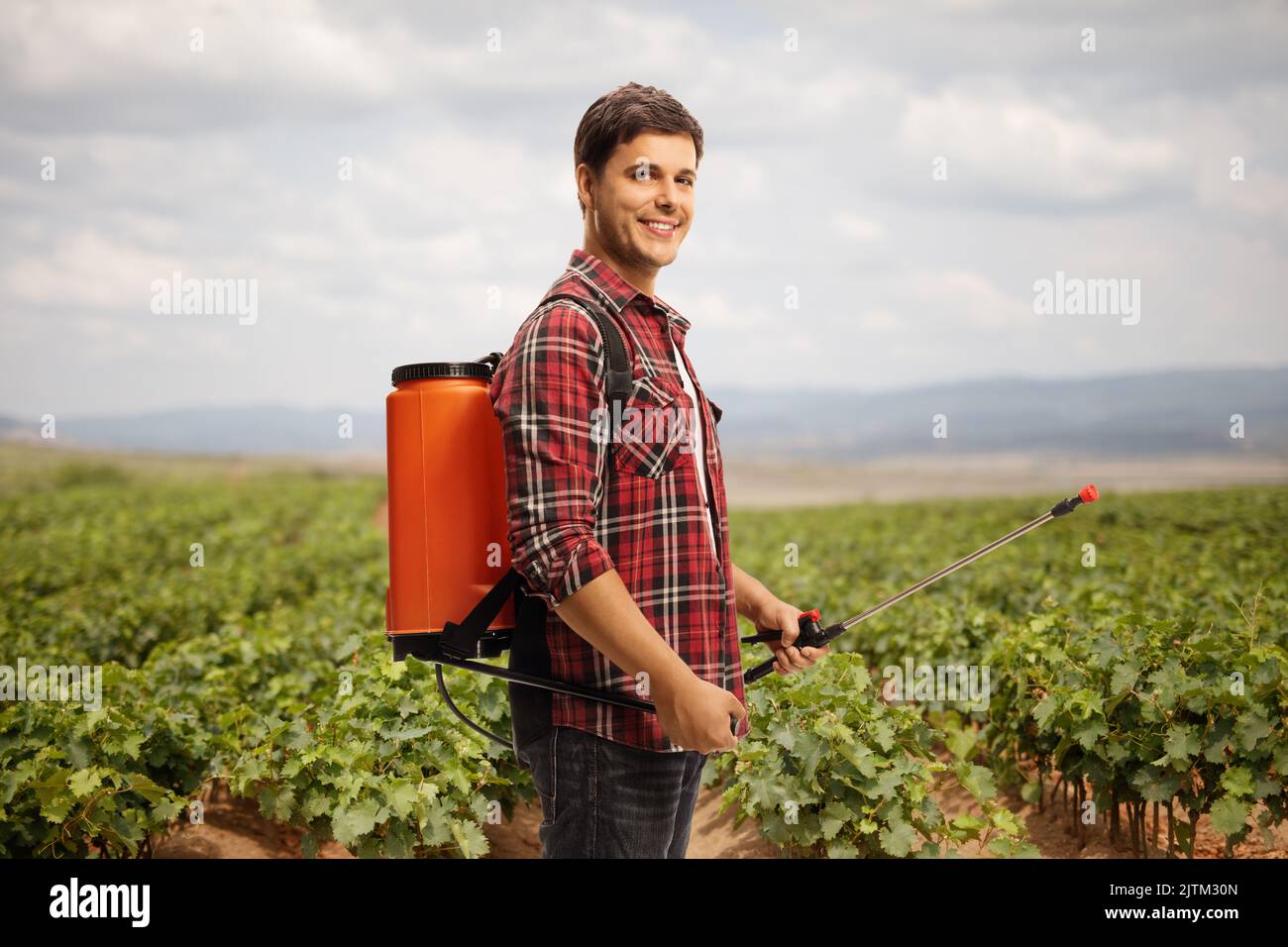 Young male farmer spraying a pesticides on a grapevine field Stock Photo