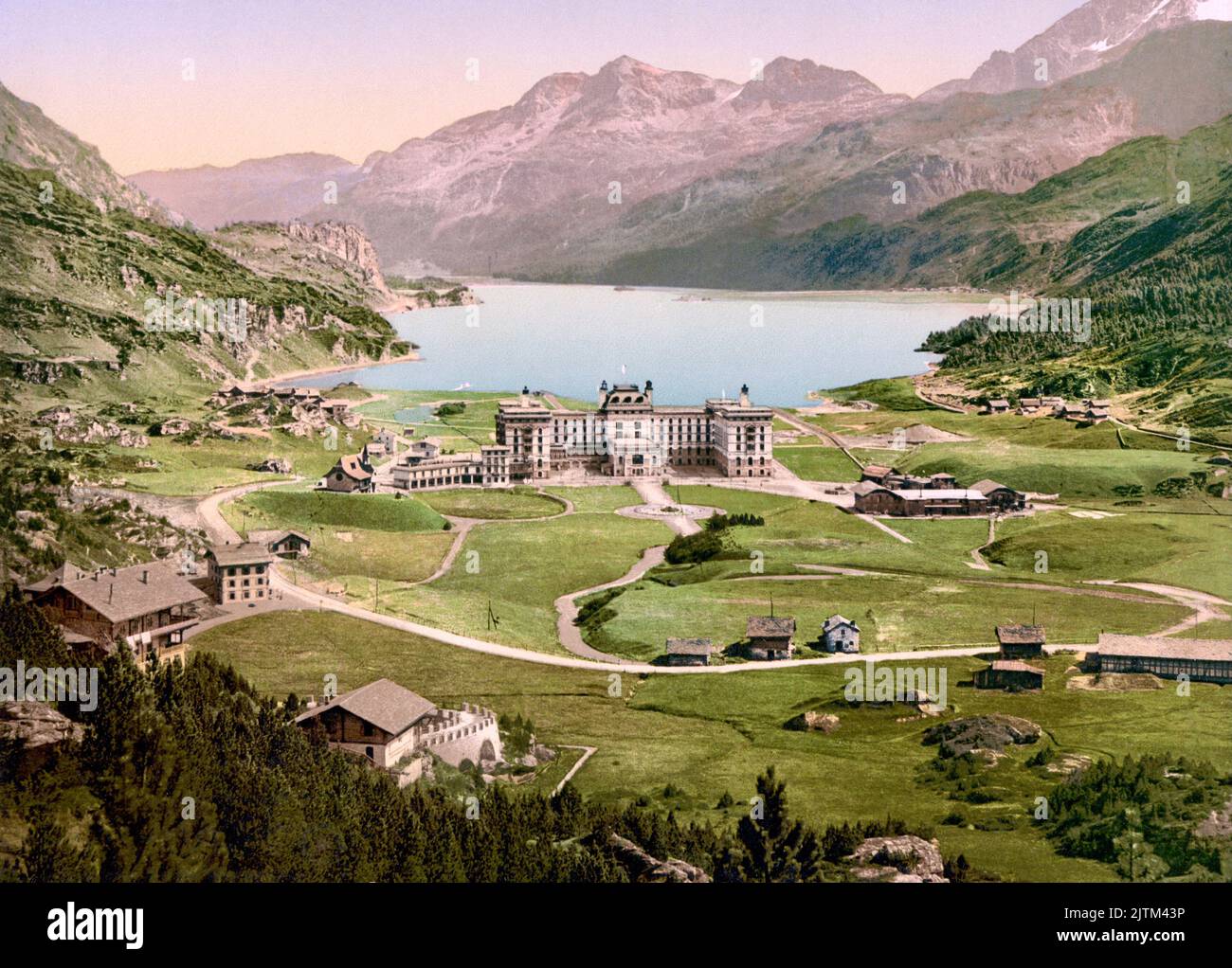 Hôtel Kursaal de la Maloja (Maloja Palace) and Lake Sils, Upper Engadin, Maloja, Grisons, Graubünden, Switzerland 1890. Stock Photo