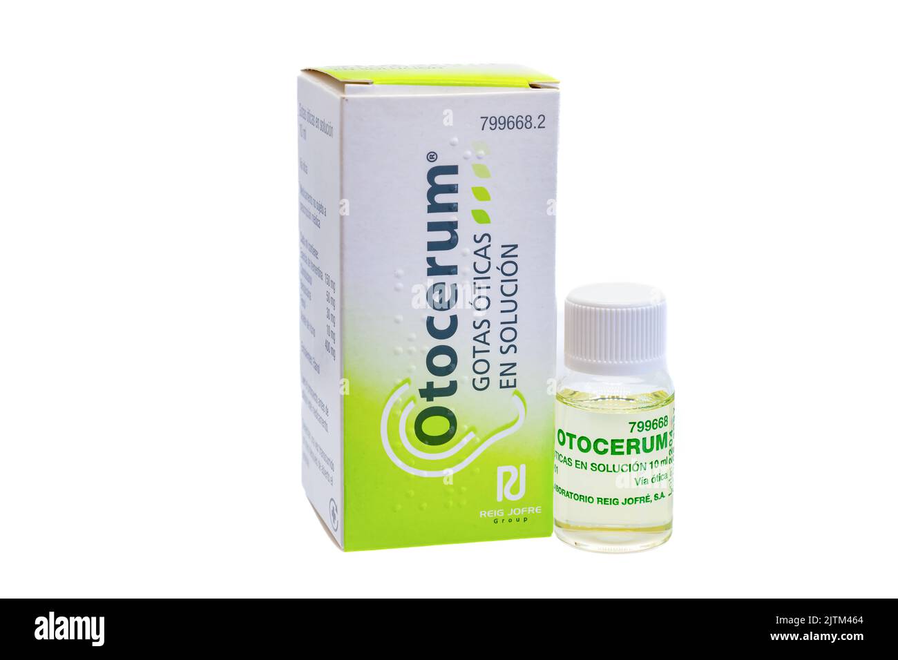 Huelva, Spain August 31, 2022 Spanish bottle and box of Otocerum Ear