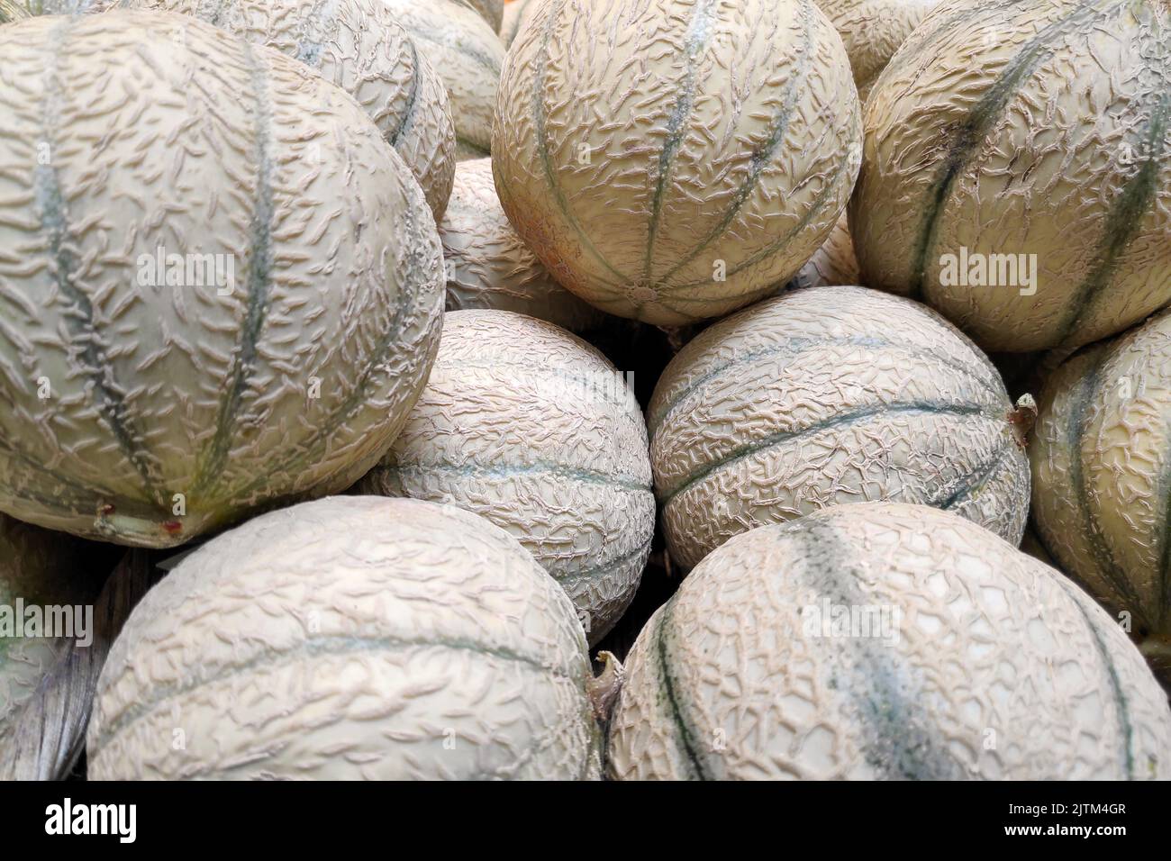 Full frame close-up on a stack of cantaloupes on a market stall. Stock Photo