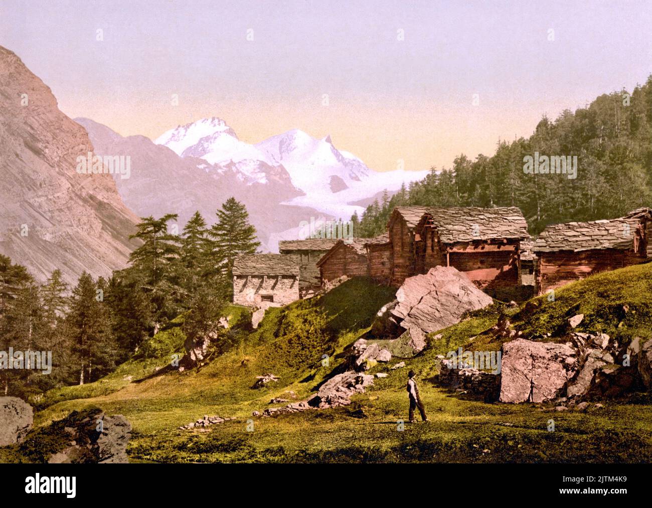 Meide Mittlere Staffel and Rimpfischhorn, with chalets, Valais, Switzerland 1890. Stock Photo