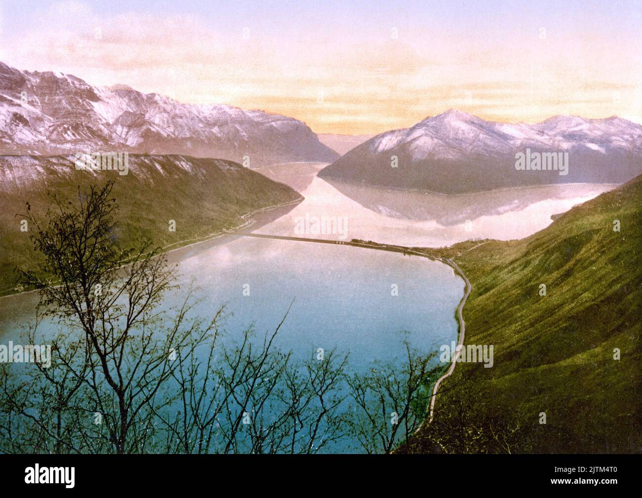 Melide causeway and Lake Lugano, Melide, Lugano, Ticino, Switzerland 1890. Stock Photo