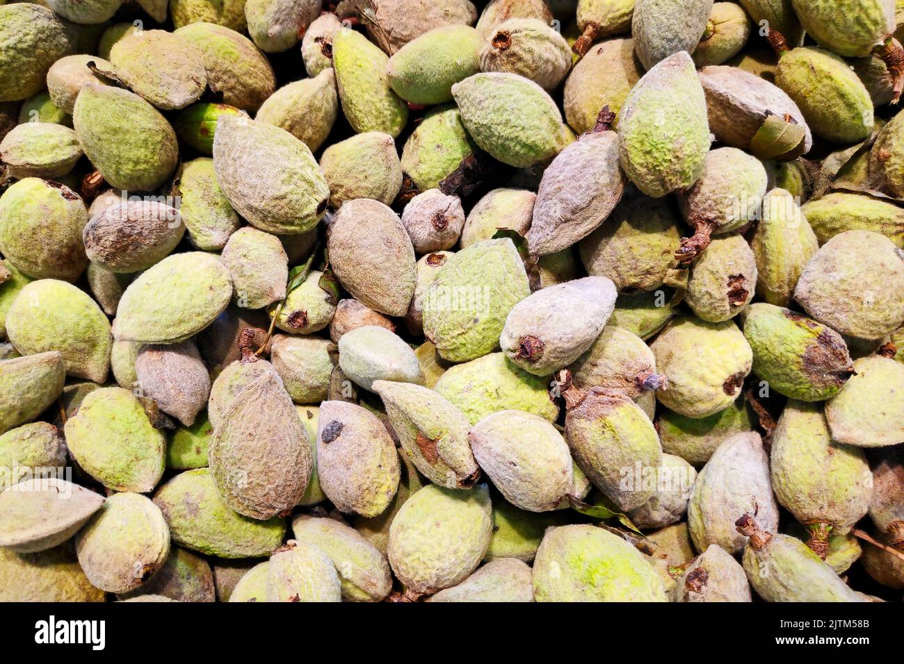 Close-up on a stack of green almonds for sale on a market stall. Stock Photo
