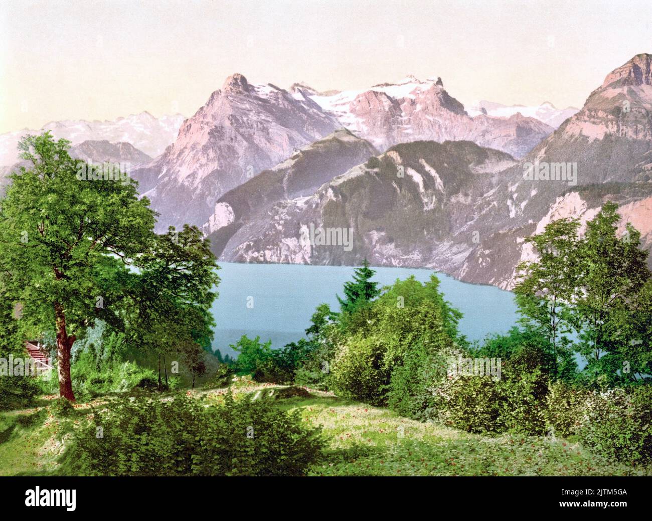 Morschach Axenstein, Lake Lucerne & Uri Rotstock Mountain, Morschach, Schwyz District , Schwyz, Switzerland 1890. Stock Photo