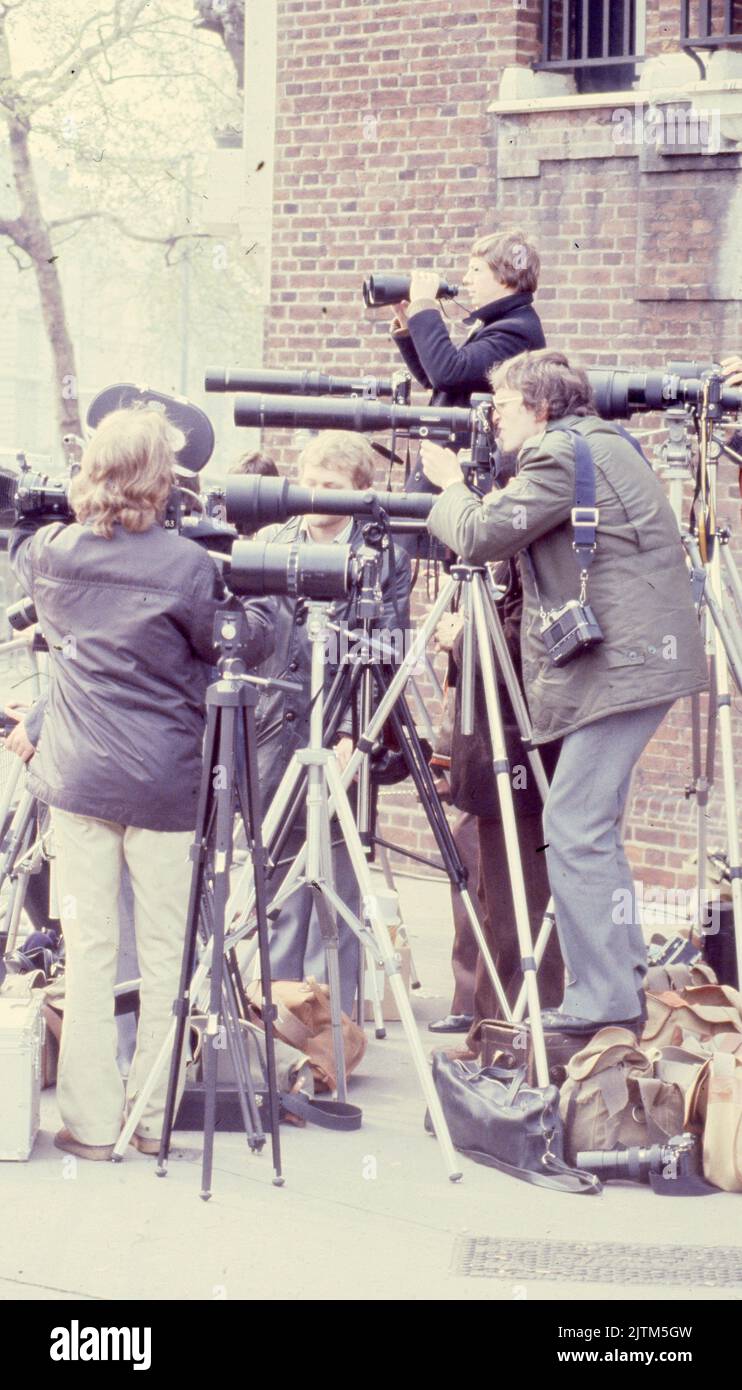 April 30, 1980, London, United Kingdom: Large number of photographers and journalist covering the events of the protests at the Iranian embassy in London. From 30 April to 5 May 1980, a group of six armed Iranian dissidents, opposed to Ayatollah Khomeini, the religious leader who came to power in 1979, took over the Iranian embassy on Prince's Gate in South Kensington, London. The Iranian group took 21 hostages two of whom were killed. Near to the scene of the siege, supporters of Khomeini made their views known with a protest. The dramatic six-day siege ended when elite British SAS troops sto Stock Photo