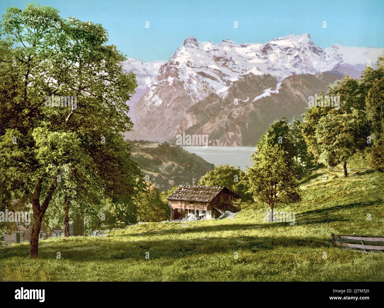 Morschach Axenstein, Lake Lucerne & Uri Rotstock Mountain, Morschach, Schwyz District , Schwyz, Switzerland 1890. Stock Photo