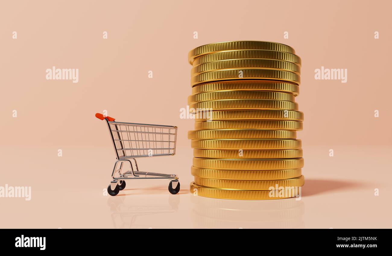 Shopping trolly with stack of gold coins. Inflation concept. 3D ...
