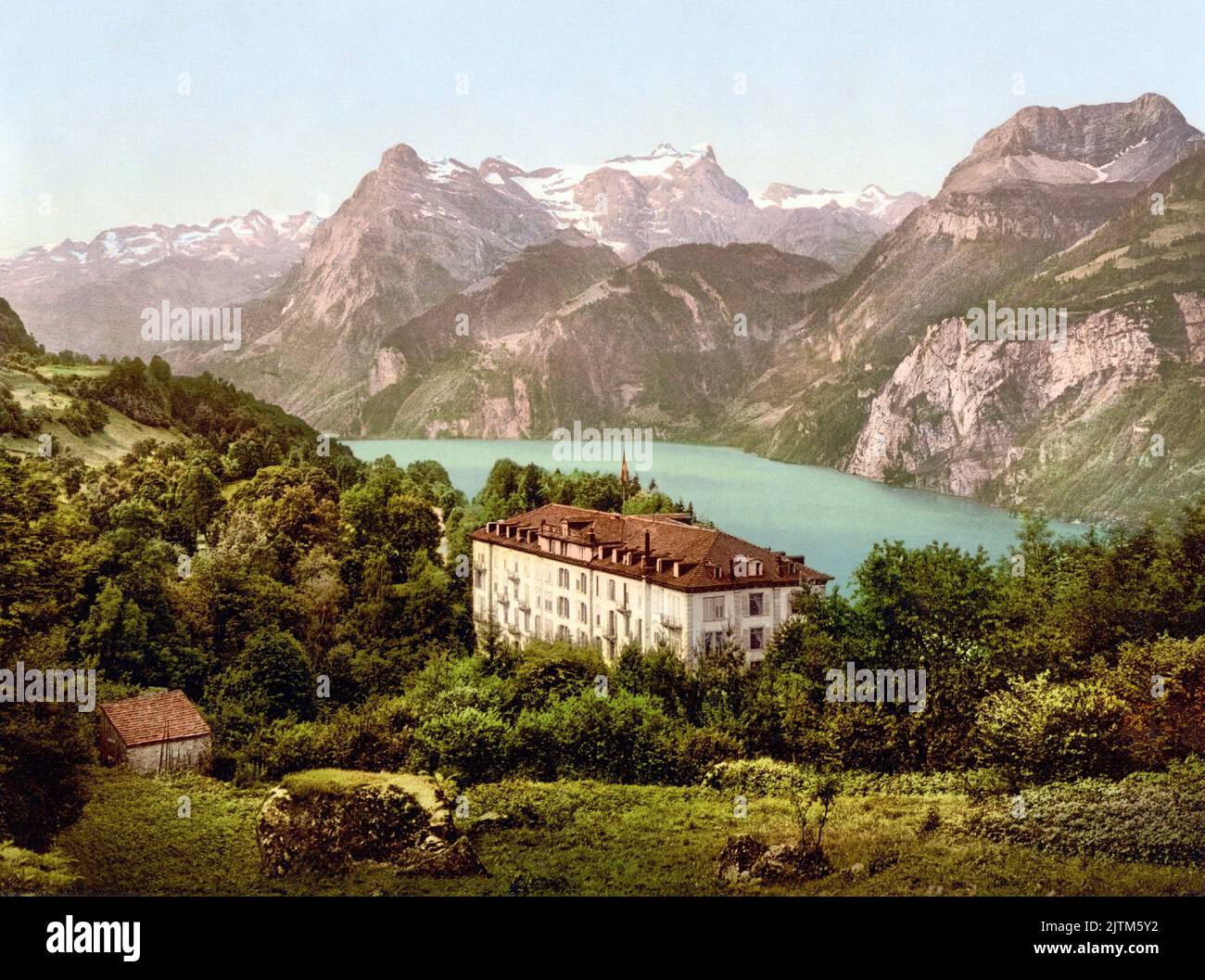 Palace Hotel Axenfels, Lake Lucerne & Uri Rotstock Mountain, Morschach, Schwyz District, Schwyz, Switzerland. 1890. Stock Photo