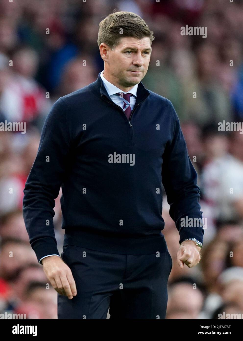 Aston Villa manager Steven Gerrard watches play during the Premier