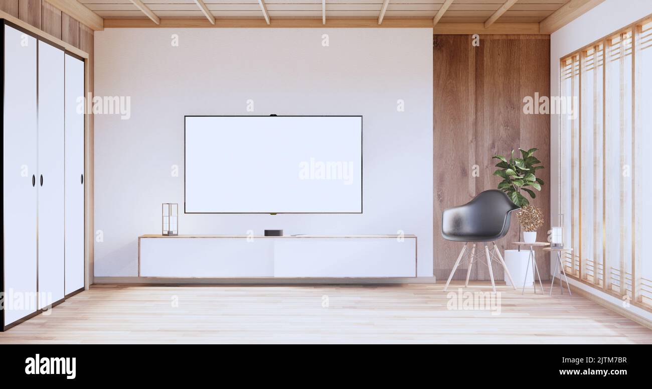 wooden japanese design on living room minimalist empty wall