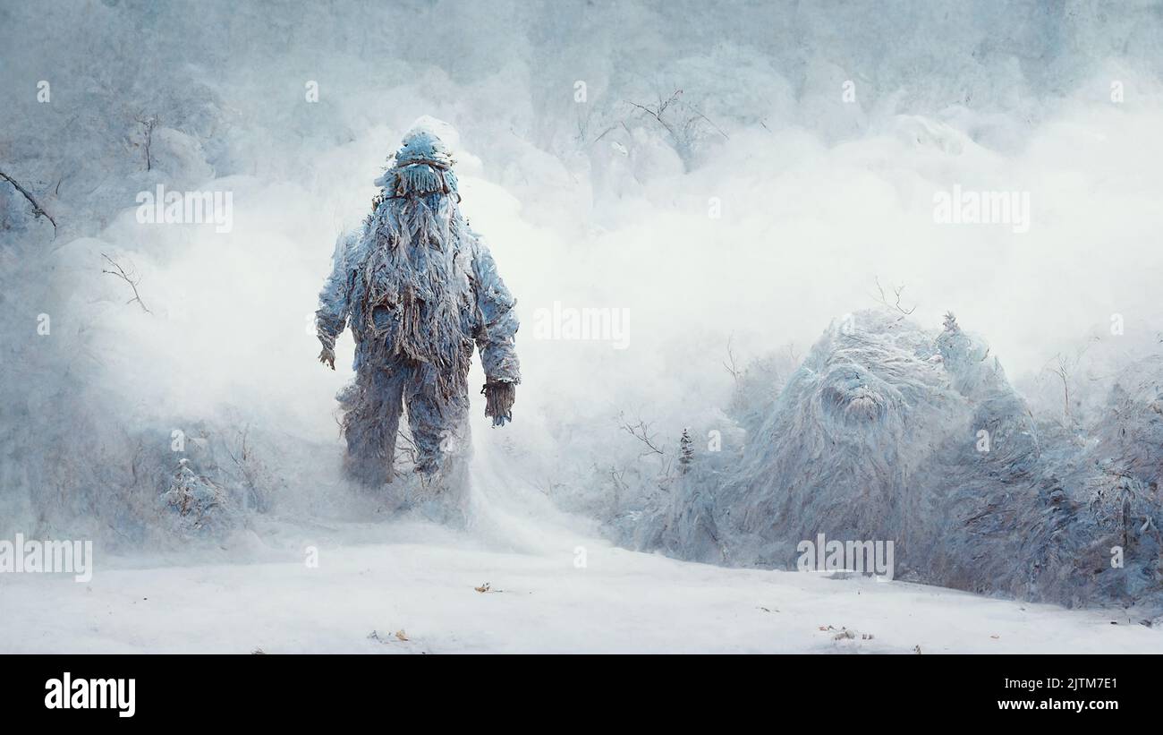Yeti in the snow covered Himalaya mountains, mysterious furry creature