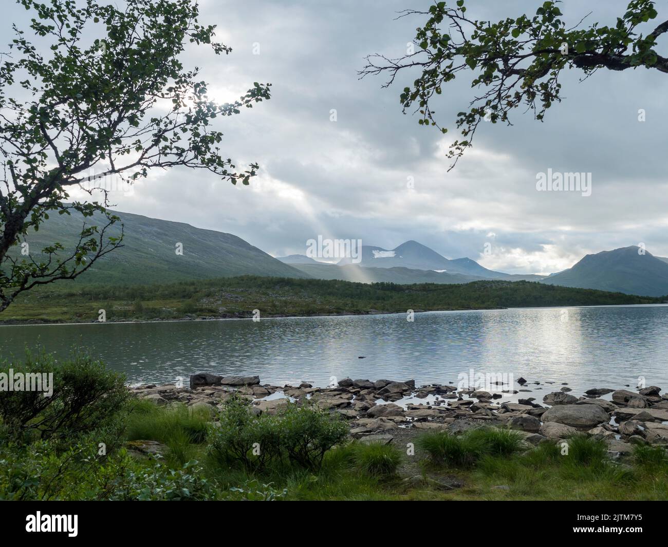 rocky shore of Tarra river. Tarraatno with green hills, birch tree forest and mountians at Padjelantaleden hiking trail. Summer cloudy evening at Stock Photo