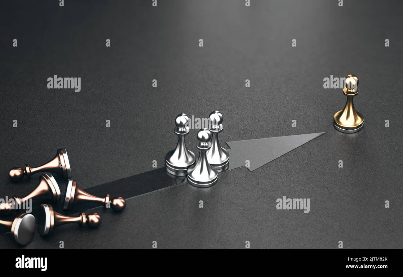 3D illustration of golden, silver and bronze pawns over black background. Concept of leadership strategy and competitive advantage. Stock Photo