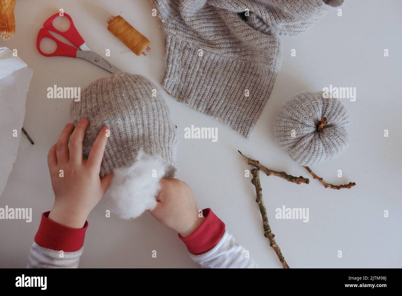 How to make crafted pumpkins using knitted sweater sleeves. Other images in this set feature all steps. Steps available under additional info. Stock Photo