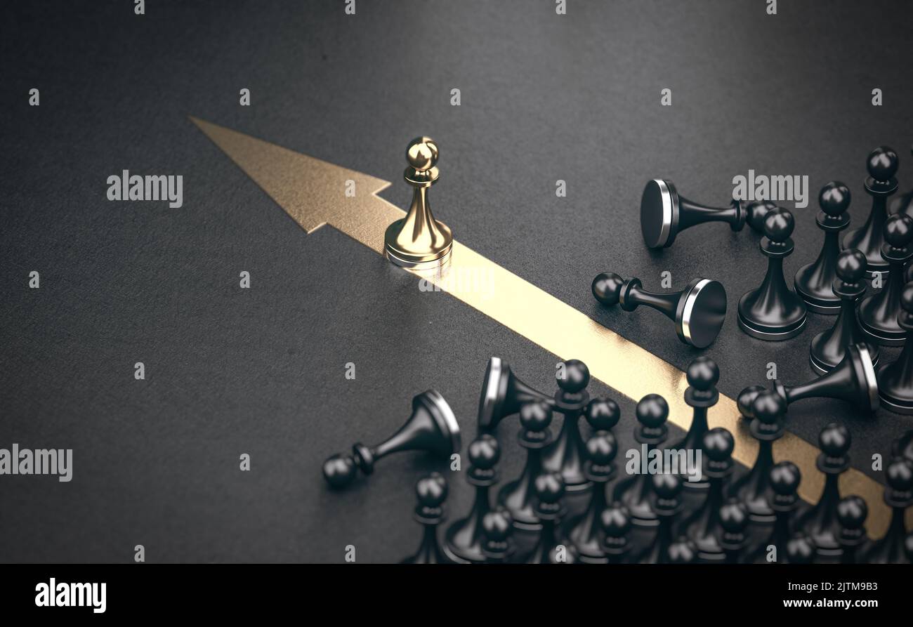 Golden pawn beating competition over black background. Outsider and market domination concept. 3d illustration. Stock Photo
