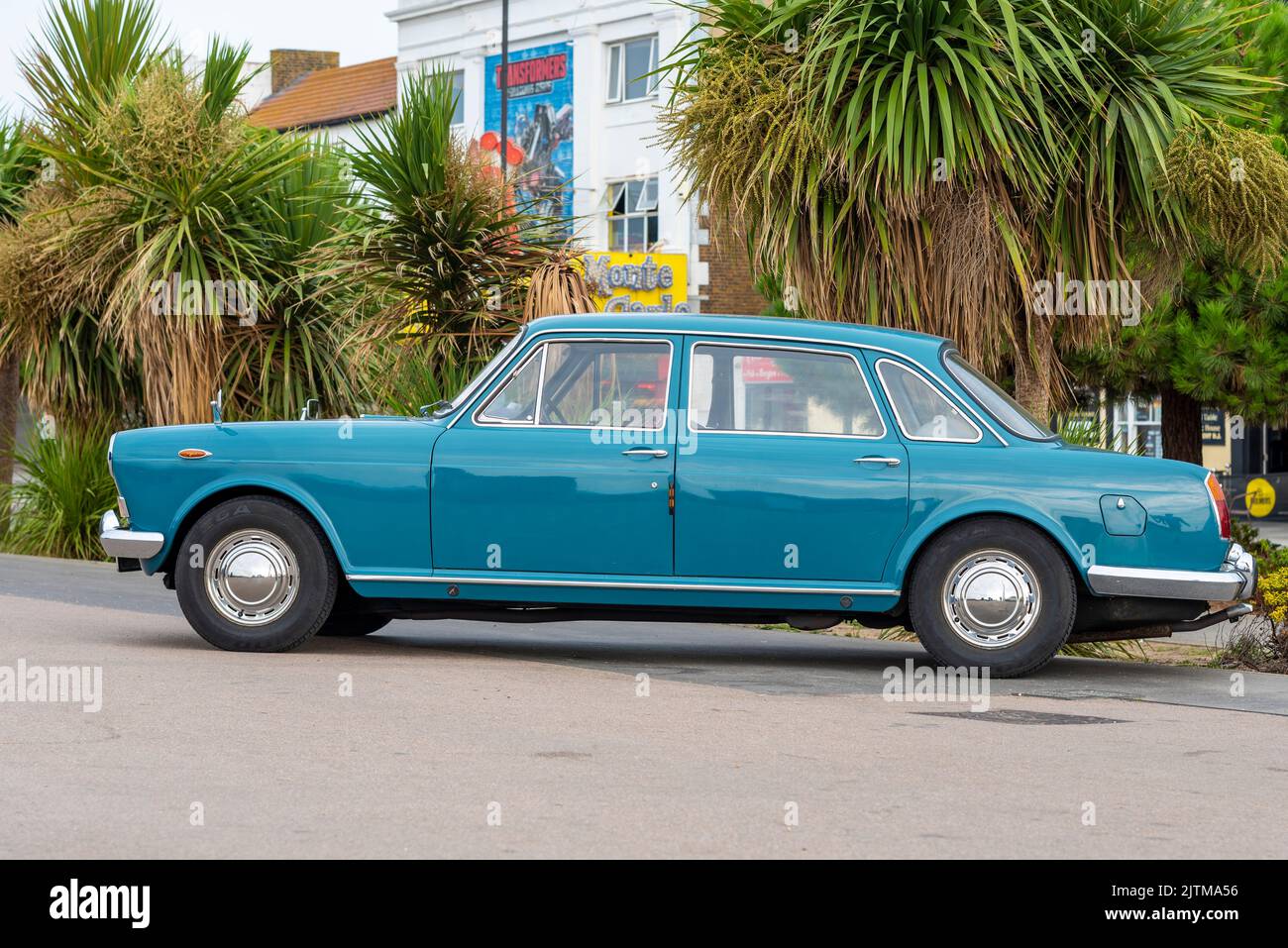 Classic Austin 3 Litre saloon car on show on Marine Parade, Southend on Sea, Essex, UK. 1971 built blue automatic version. Side view Stock Photo