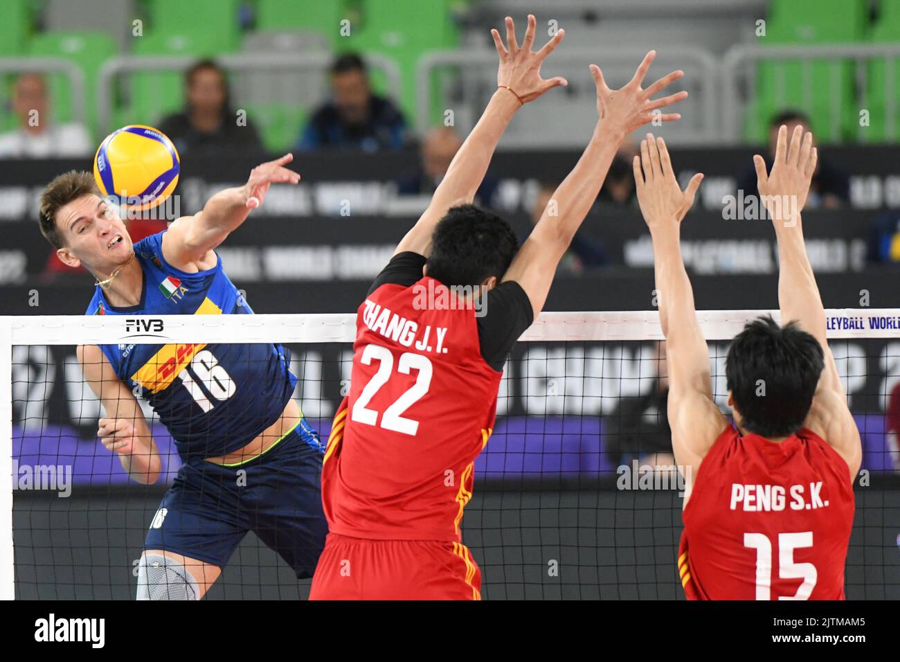 Yuri Romano (Italy), Zhang Jingyin, Peng Shikun (China). Volleyball World Championship 2022. Stock Photo