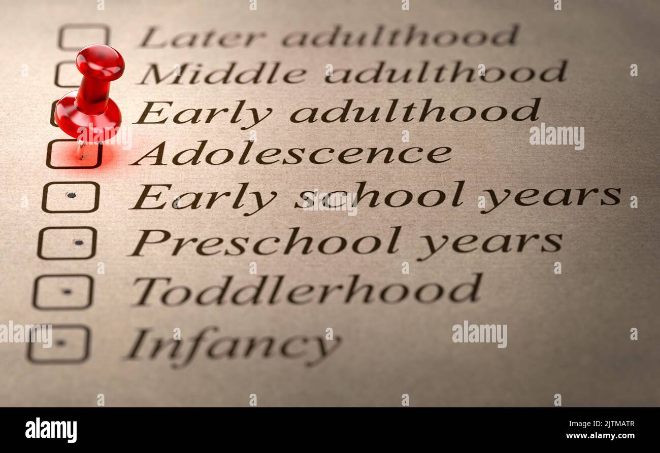 3D illustration of a red pushpin pointing the word adolescence on a timeline showing periods of social development during lifespan. Stock Photo