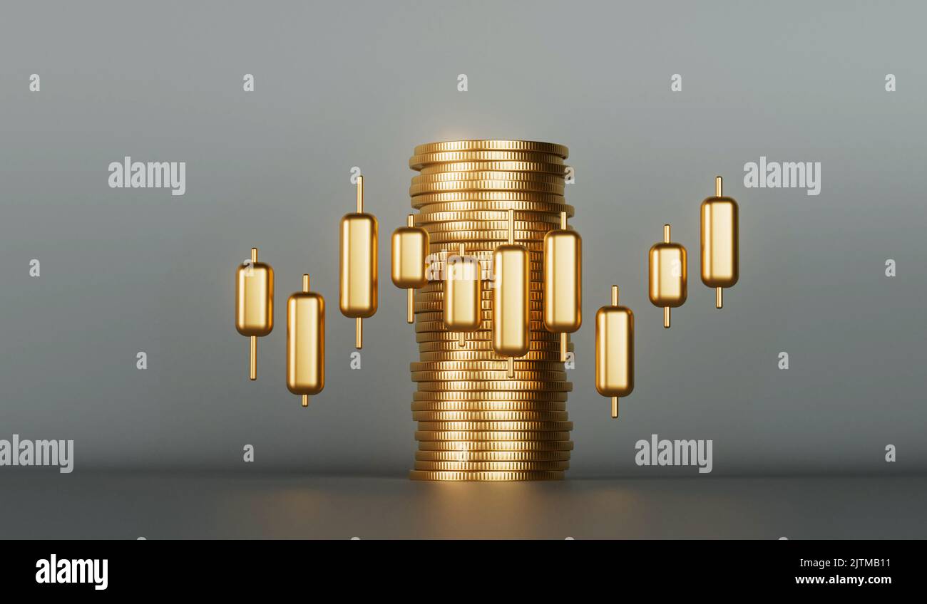 Gold stock market investment trading graph with a stack of gold coins ...