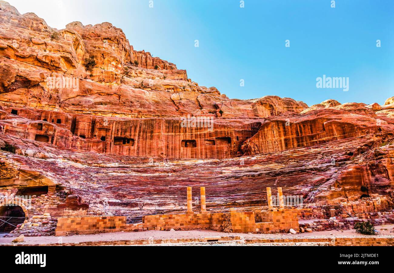 Red Carved Amphitheater Theatre Siq Petra Jordan Built in Treasury by Nabataens in 100 AD Seats up to 7,000 people. Stock Photo