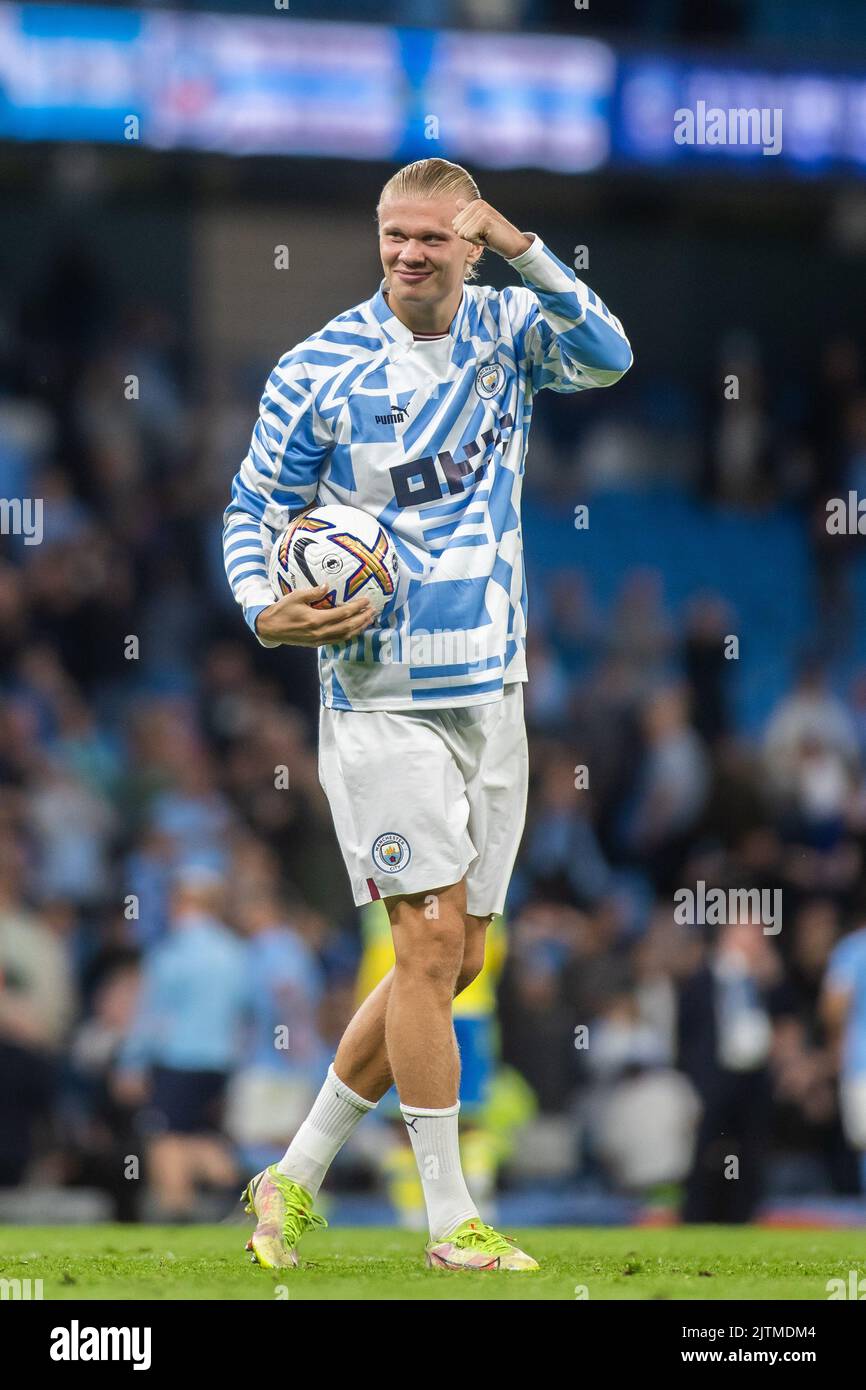 Erling Haaland 9 of Manchester City celebrates his hat trick with the