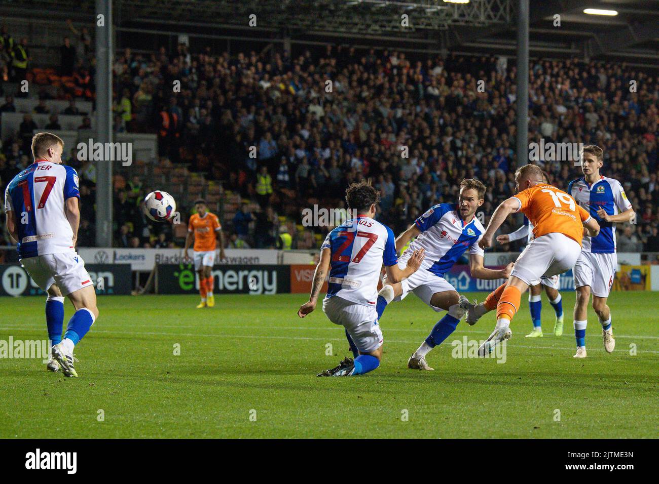 Shayne Lavery 19 of Blackpool shoots on goal Stock Photo Alamy