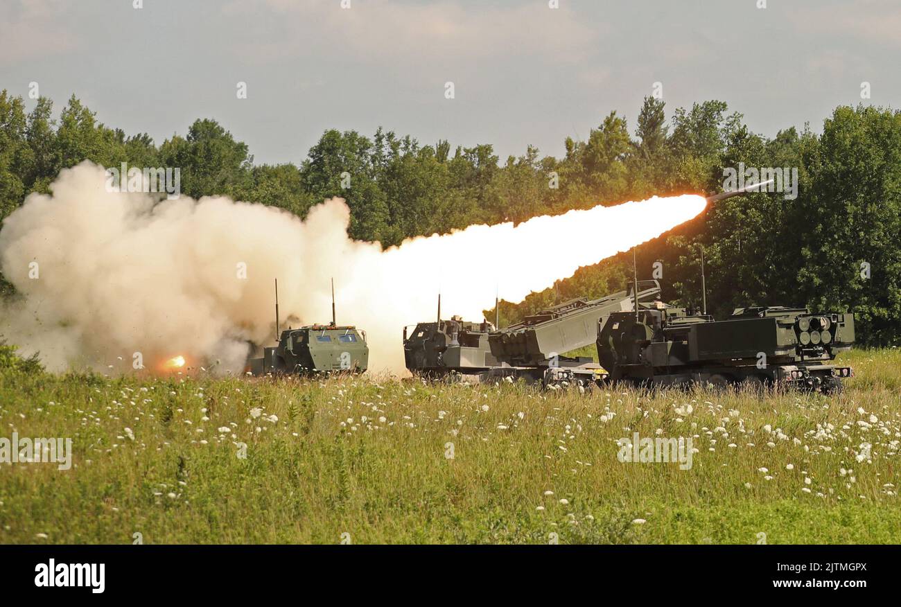 197 Field Artillery Regiment of New Hampshire fires rockets at Fort Drum in preparation for an
