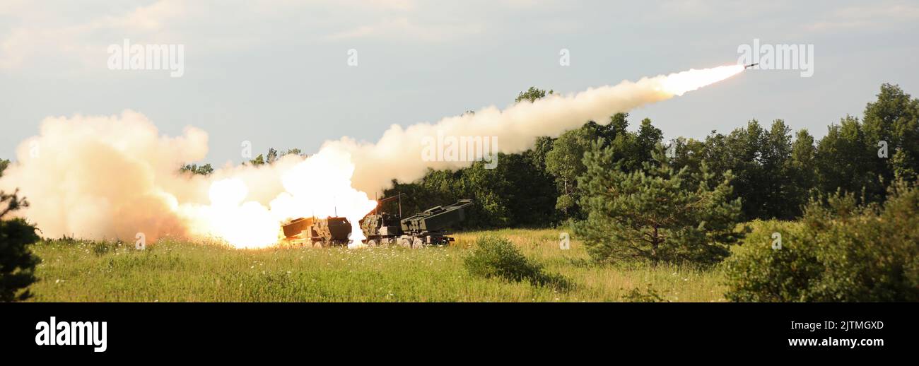 197 Field Artillery Regiment of New Hampshire fires rockets at Fort Drum in preparation for an