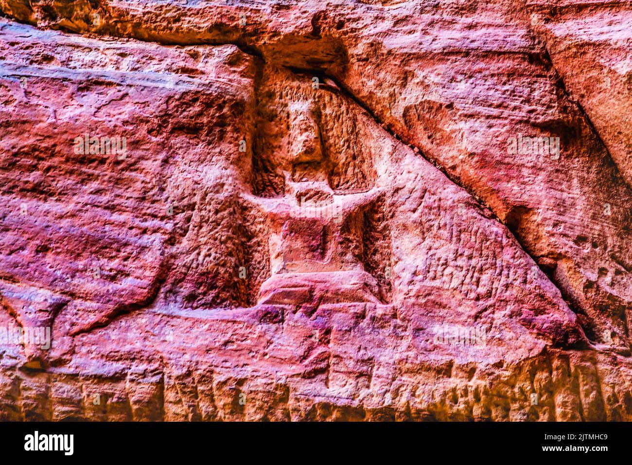 Entrance Symbol Outer Siq Colorful Pink Canyon Petra Jordan. Stock Photo