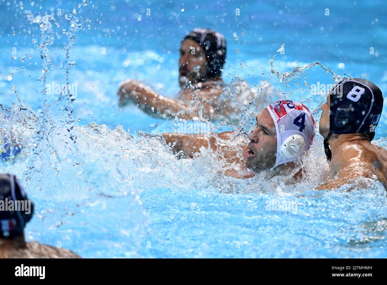 SPLIT, CROATIA - AUGUST 31: Ivan Krapic of Croatia and Emil Bjorch of France in action during the LEN European Water Polo Championships Group D round 2match between Croatia and France at Spaladium Arena on August 31, 2022 in Split, Croatia. Photo: Marko Lukunic/PIXSELL Stock Photo