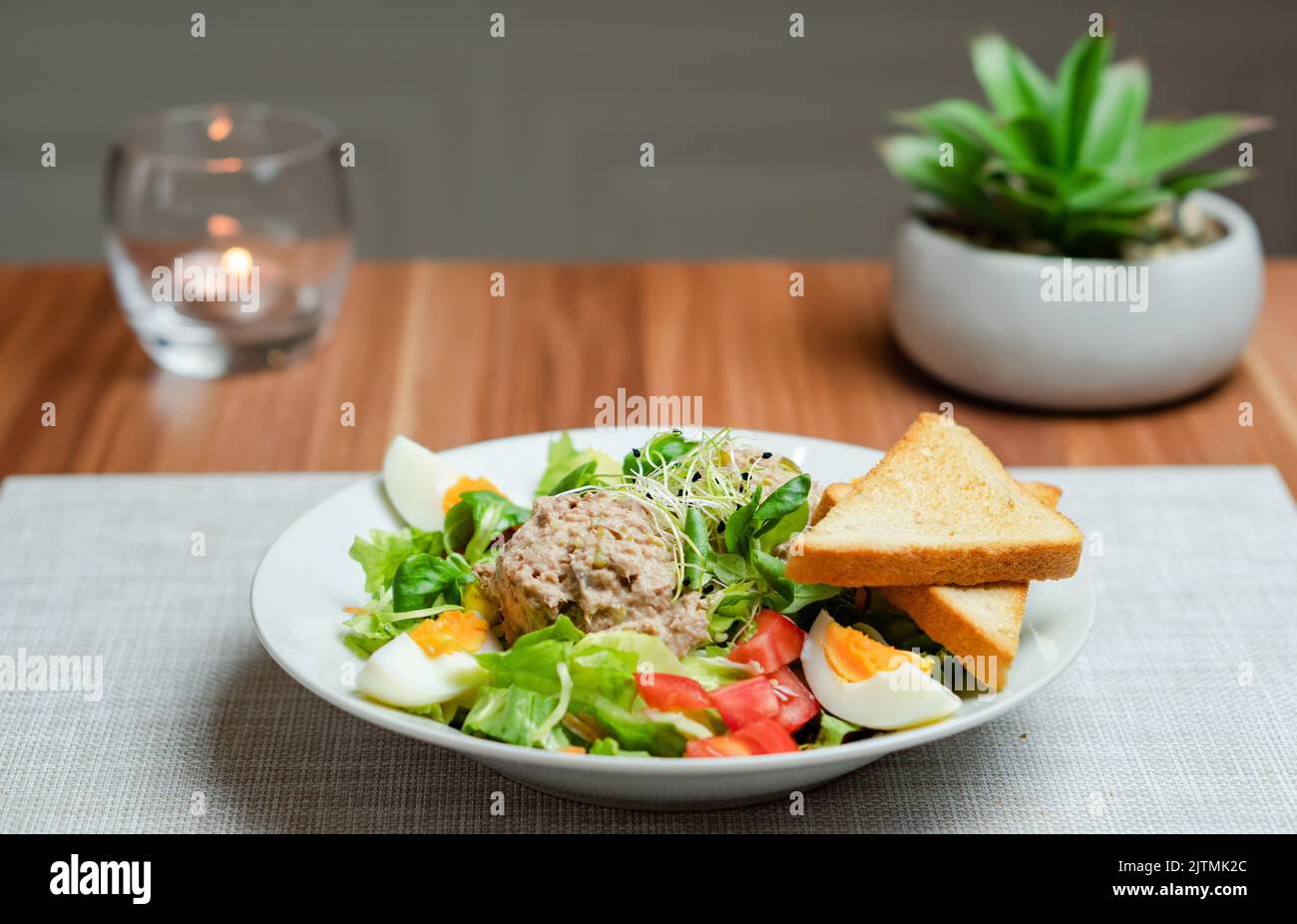 Tuna Fish Salad with Boiled Eggs and Toasts, in a hotel Stock Photo Alamy